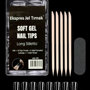 Express Protez Tırnak Uzatma Kiti, Soft Gel Poly Tips 5 Adet Portakal Çubuğu & 1 Adet Törpü
