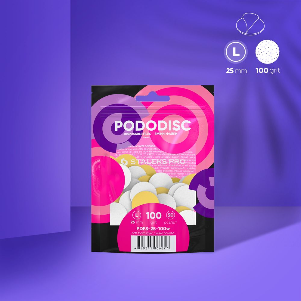 STALEKS EXPERT 25 PODODISC L pedikür diski için yumuşak tabanlı değiştirilebilir yapışkan yedek zımpara, 100 grit 25 mm (50 adet)