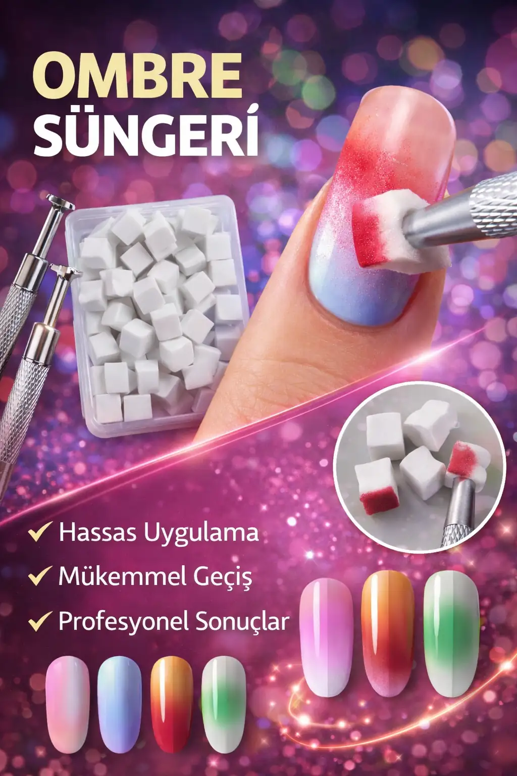 Ombre Süngeri Nail Art Süngeri 200 Adet Beyaz Sünger + 1 Adet Metal Tutucu Set