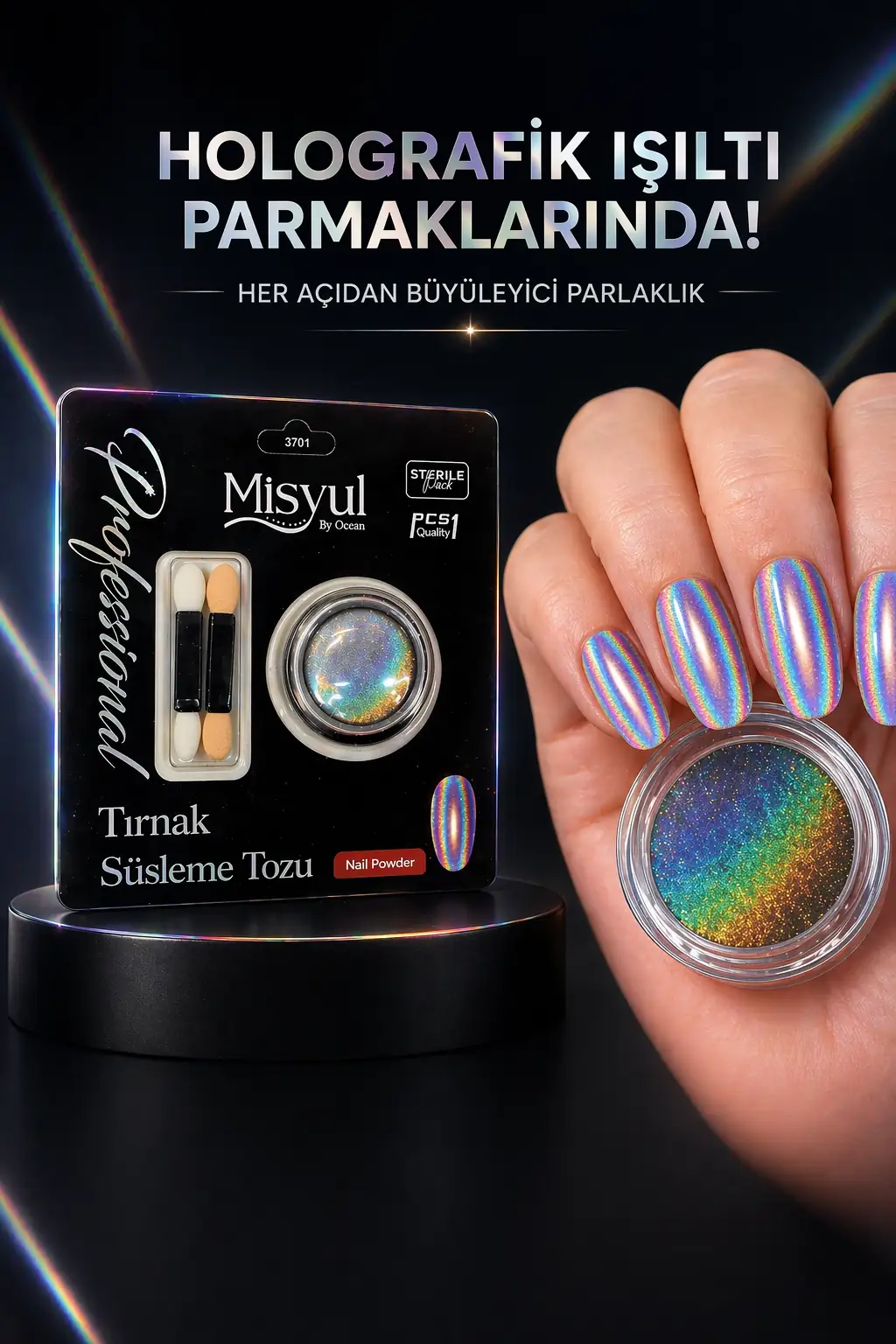 Gökkuşağı Holografik Tırnak Tozu Kalıcı Oje Üstü Parlak Efektli Nail Art Tozu