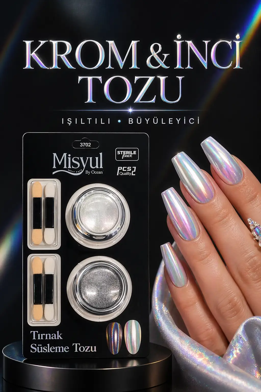 Krom & İnci Tozu Kalıcı Oje Üstü Parlak Efektli Nail Art Tozu