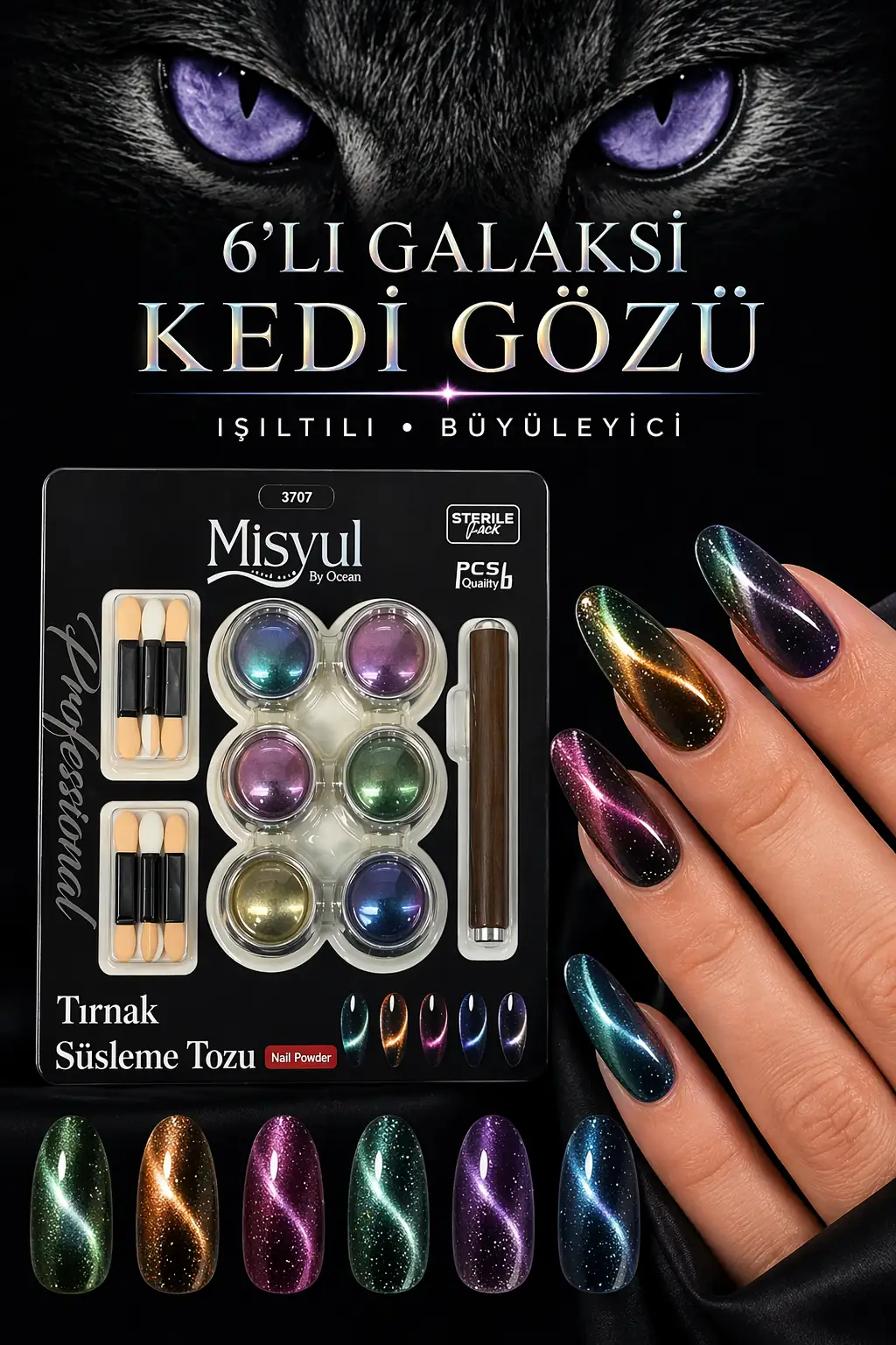 Galaksi Kedi Gözü Oje Etkili Toz Seti, Mıknatıs Hediyeli Manyetik Nail Art Tırnak Süsleme Tozu 6'lı