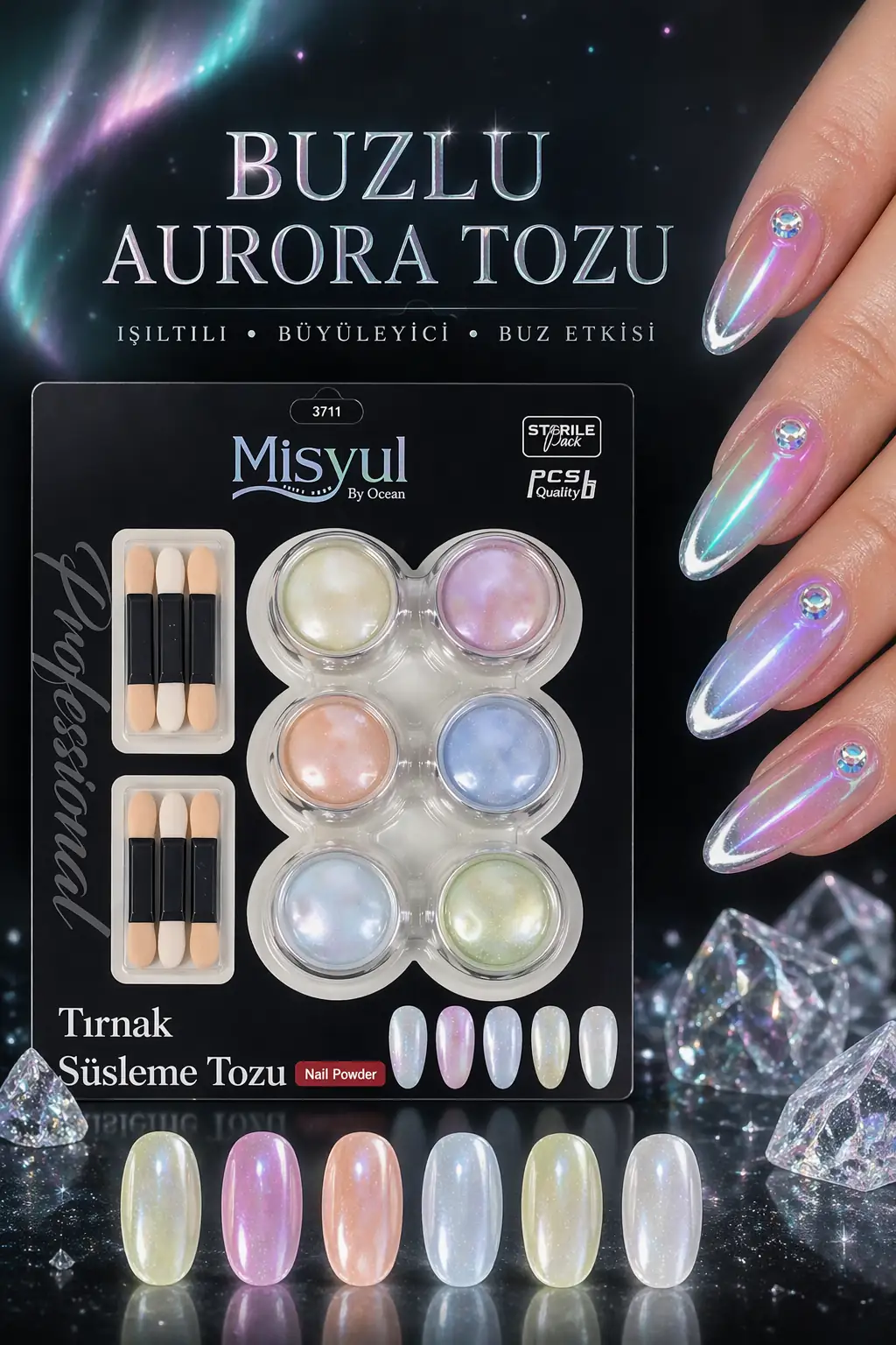 Buzlu Aurora Tozu Seti, Kuzey Işıkları Efektli Kristal Nail Art Tırnak Süsleme Tozu 6'lı