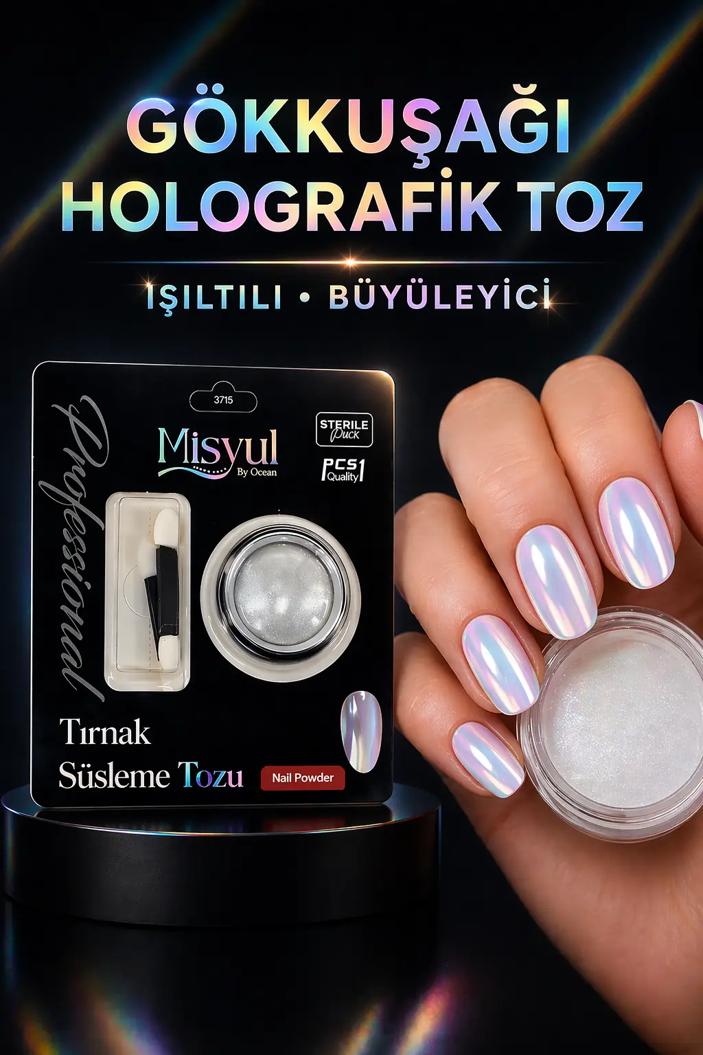 Gökkuşağı Holografik Tırnak Tozu Kalıcı Oje Üstü Parlak Efektli Nail Art Tozu