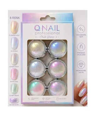 QNAIL altı renk inci tozu nail art seti